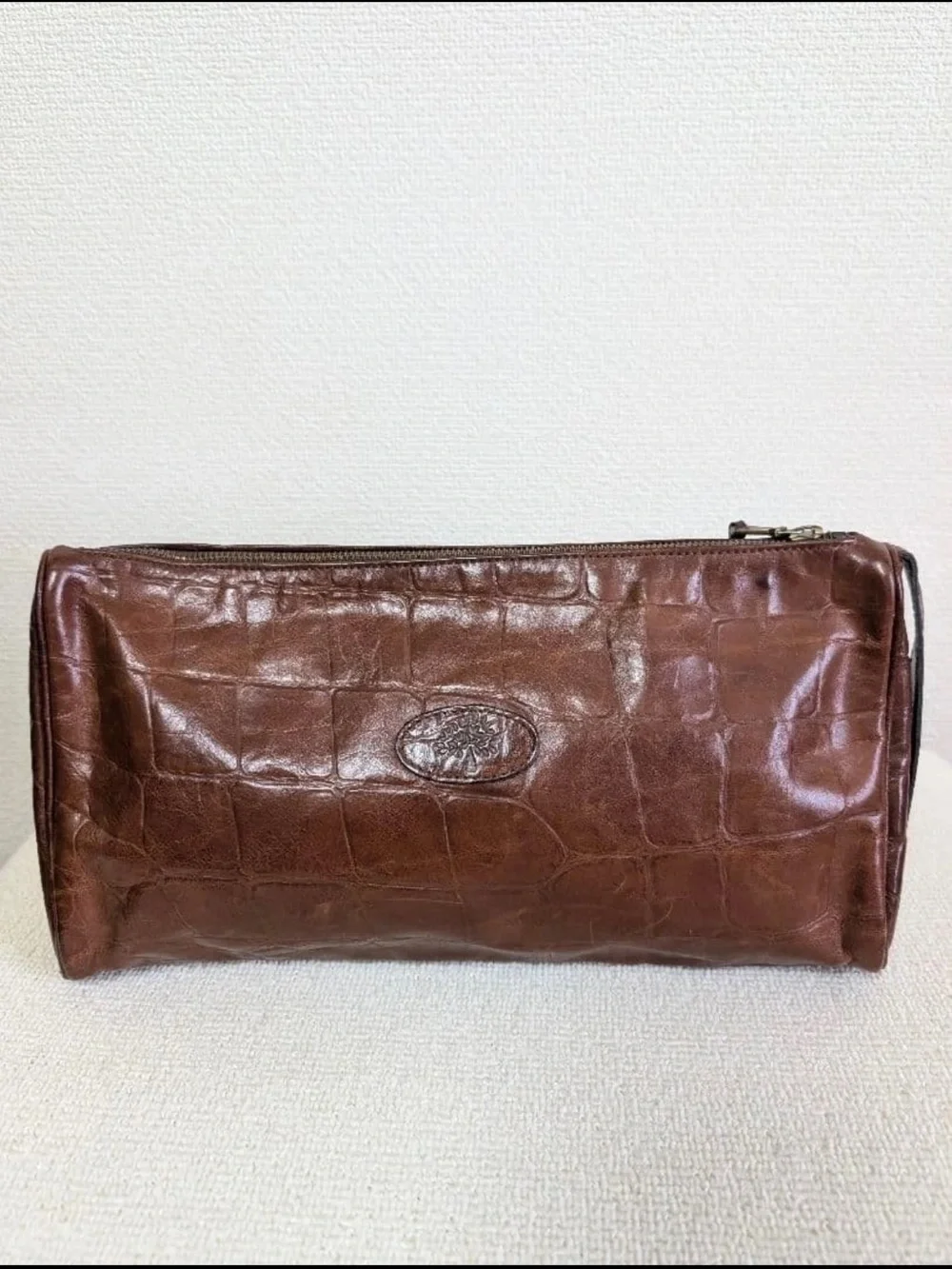 Mulberry Brown Croc-Embossed Leather Cosmetic Pouch
